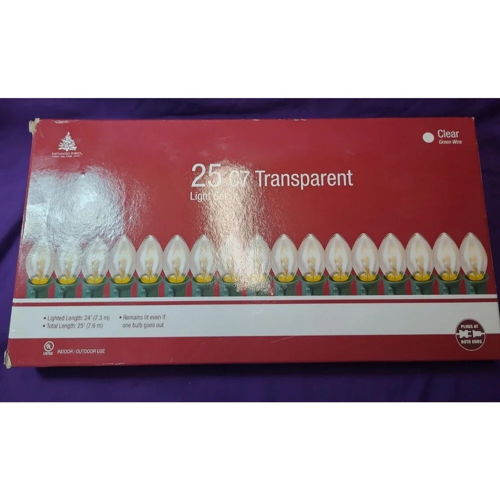 25-Ft 25-Light C7 CLEAR CHRISTMAS String Light Set GREEN WIRE End-To-End